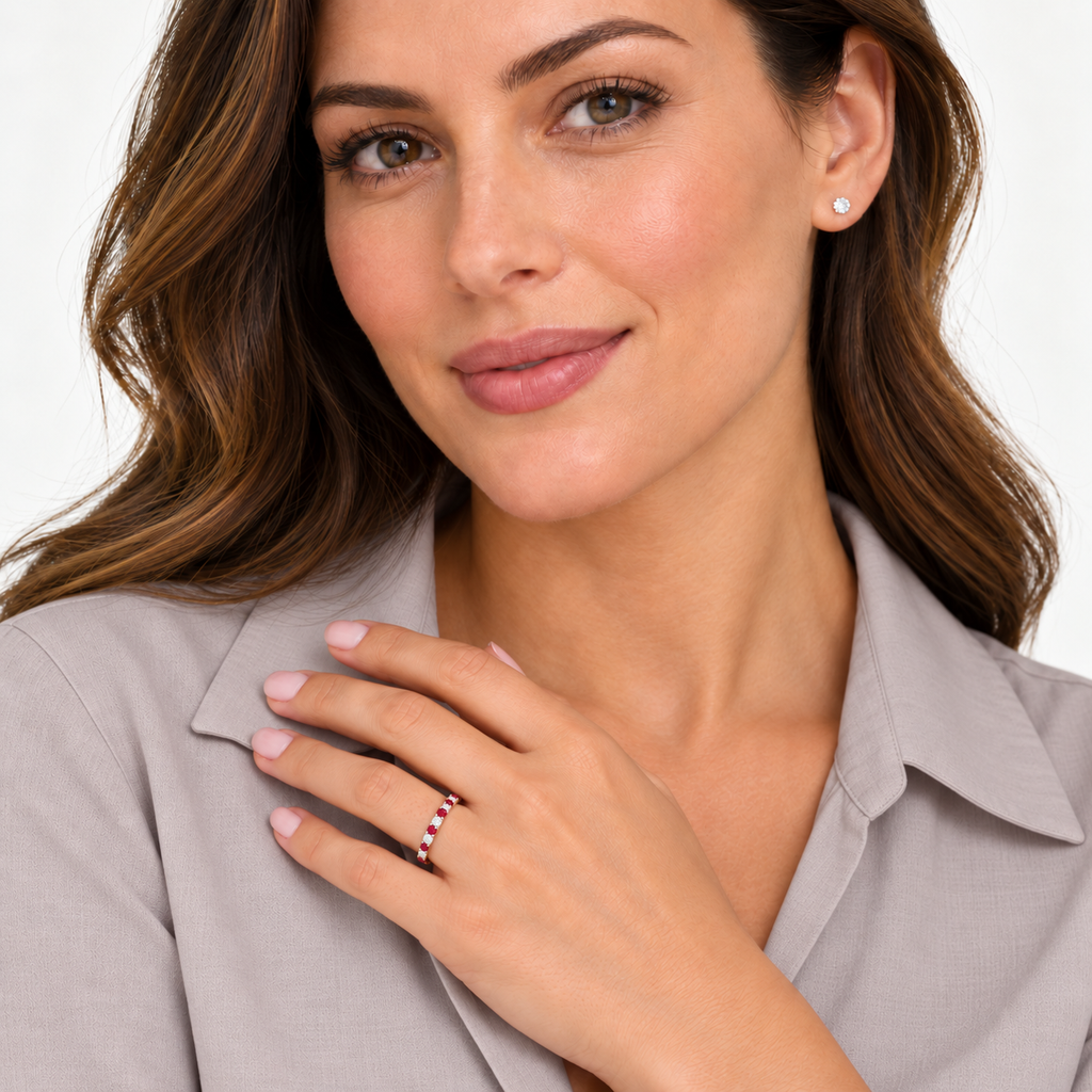 Lab-grown ruby and lab-grown diamond 2 mm band in 14k rose gold — portrait