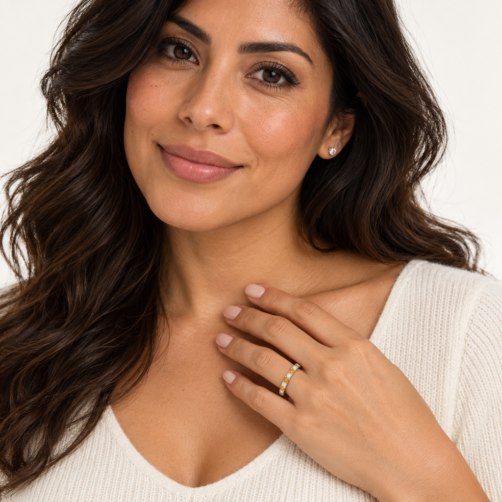 Citrine and diamond 14K white gold 2 mm eternity band worn in professional studio portrait