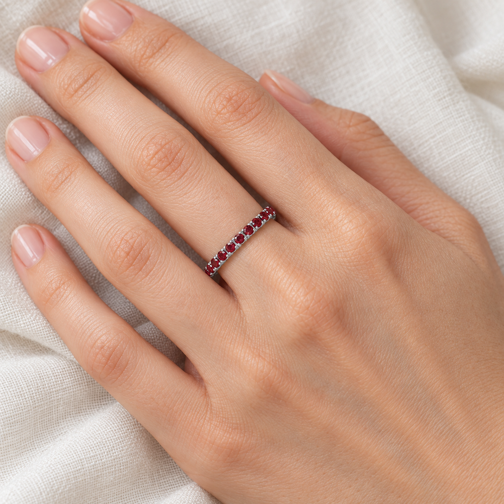 Ruby Eternity Band Stackable Ring 14K White Gold (0.50ct) — ivory linen close-up on left hand