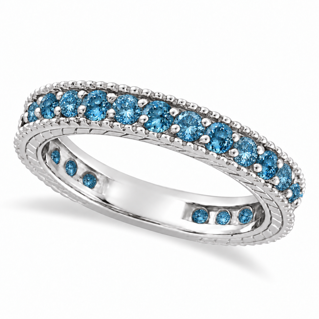 Fancy blue diamond eternity ring in 14k white gold with milgrain edges, enhanced product main view