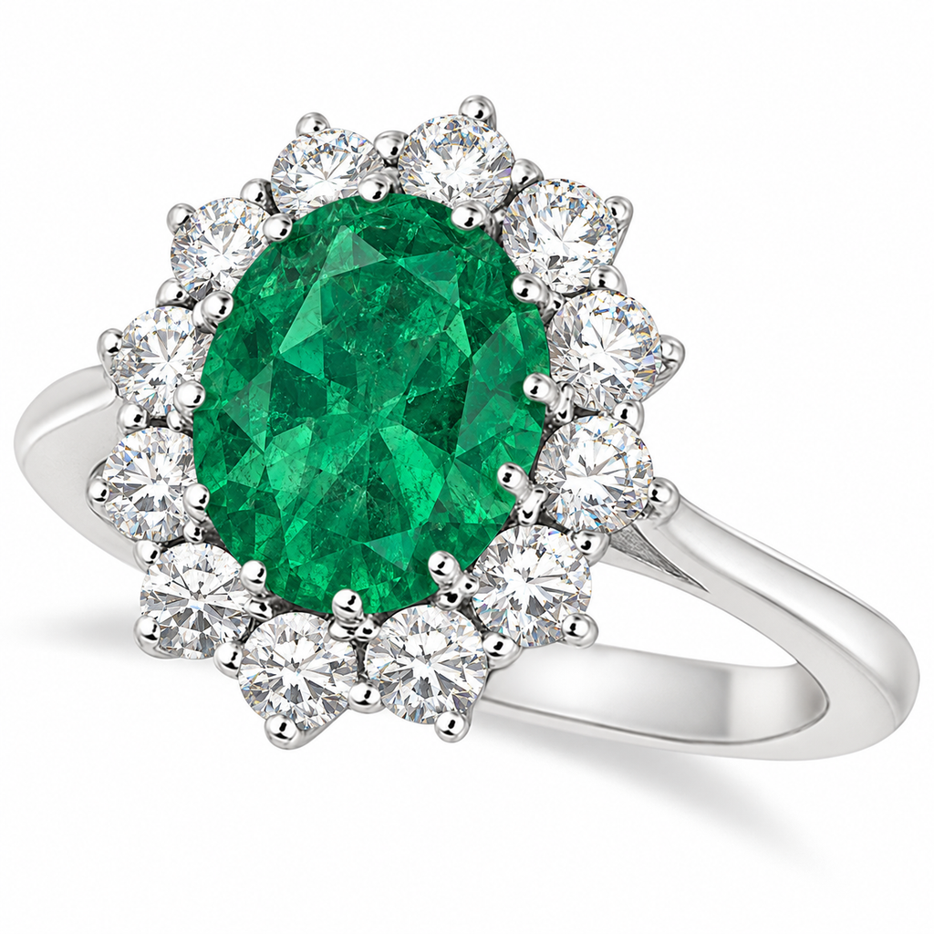 Natural oval emerald and twelve-diamond halo ring in 14k white gold, main product view