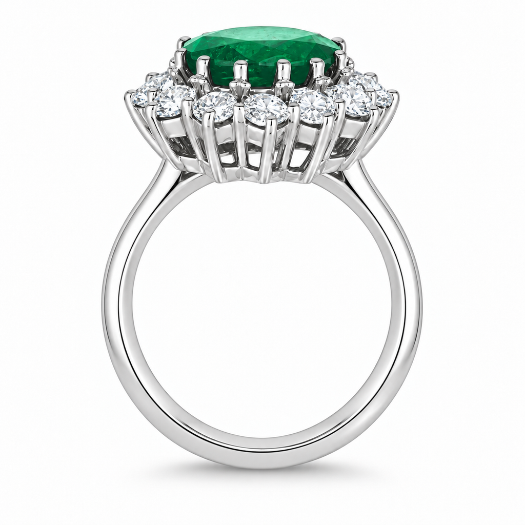 Natural oval emerald and twelve-diamond halo ring in 14k white gold, true side profile with circular shank and soft gray contact shadow