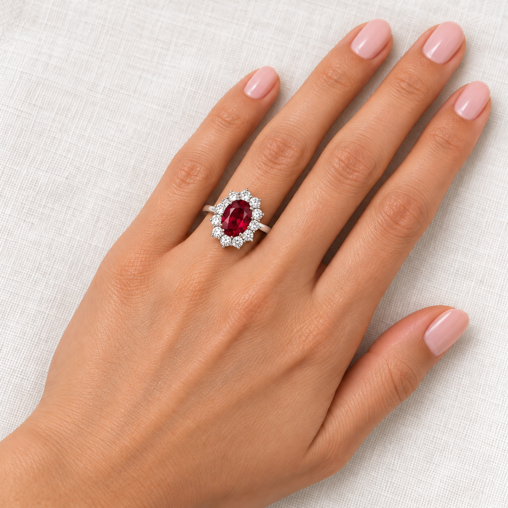 Natural 9 x 7 mm oval ruby and twelve-diamond Lady Diana halo ring in 14k white gold, aligned lengthwise at the base of the left ring finger on ivory linen