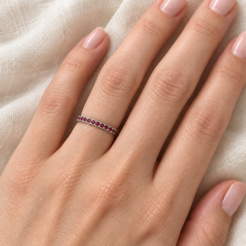 Ruby Stackable Ring Band Milgrain Edges 14k White Gold — 2 mm band close-up on ivory linen