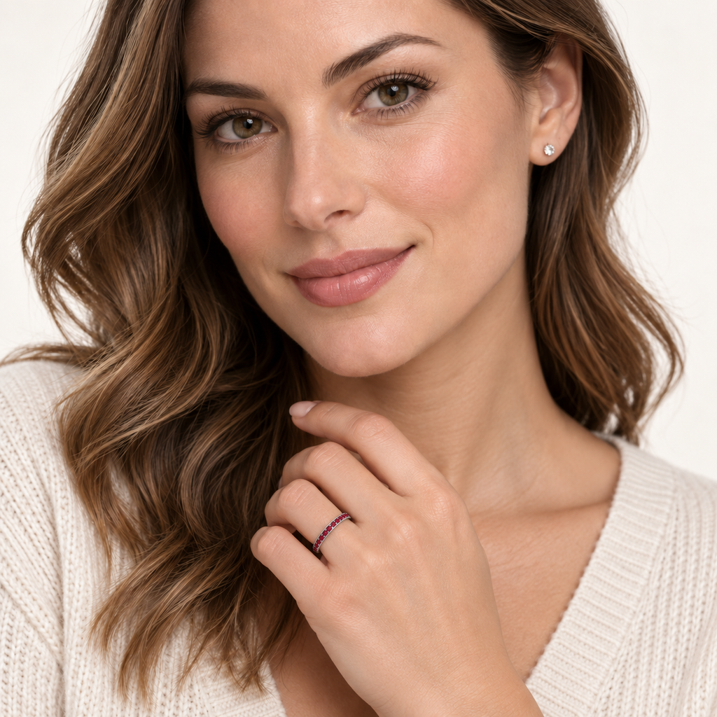 Ruby Stackable Ring Band Milgrain Edges 14k White Gold — 2 mm band worn in studio portrait