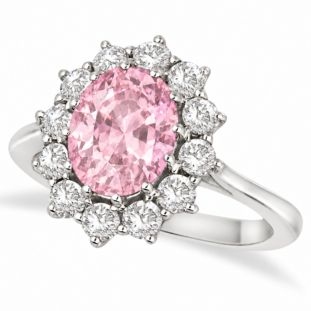 Light pastel blush oval natural pink sapphire and twelve diamond halo ring in 14k white gold, main view