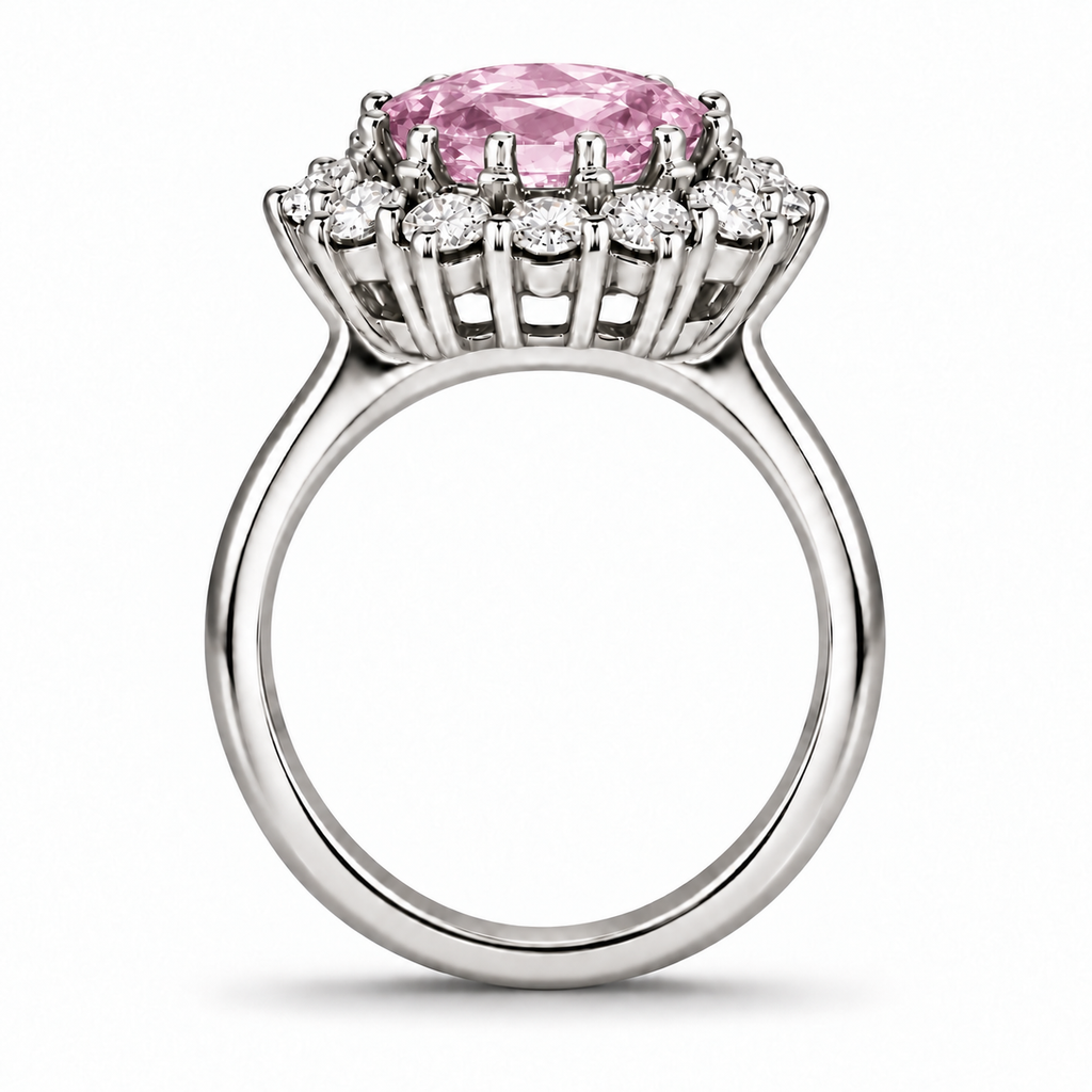 Natural pastel pink sapphire 9x7mm oval center and twelve colorless diamond halo ring in 14k white gold, side view with circular shank and smooth inner band