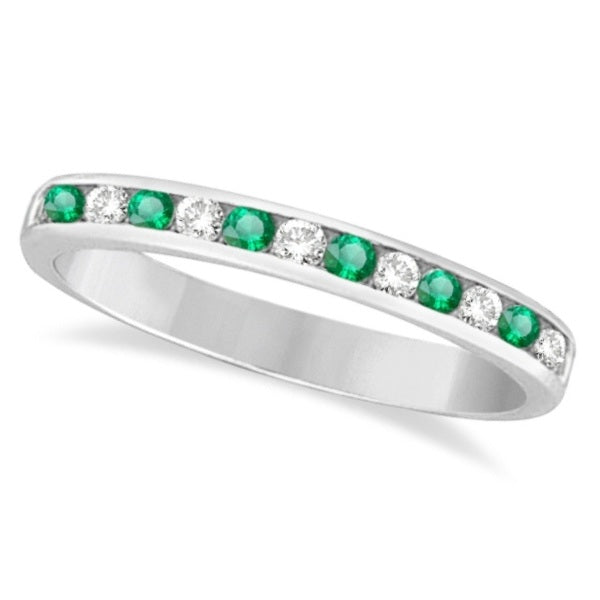 Alternating natural emerald and diamond channel-set ring in 14K white gold, catalog main view