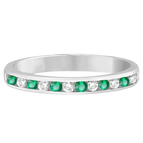 Alternating natural emerald and diamond channel-set ring in 14K white gold, alternate side view