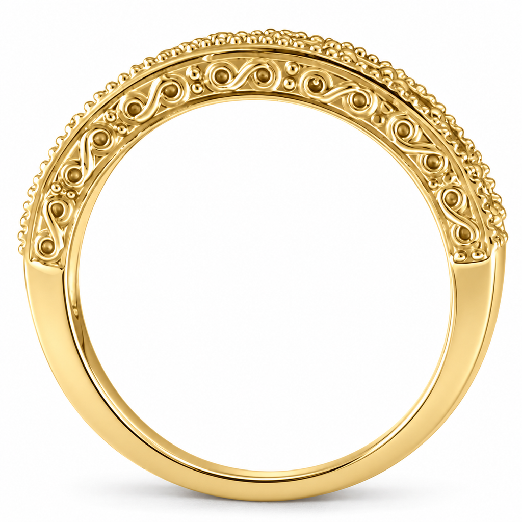 Emerald and diamond 3mm yellow gold band, engraved true side with soft contact shadow