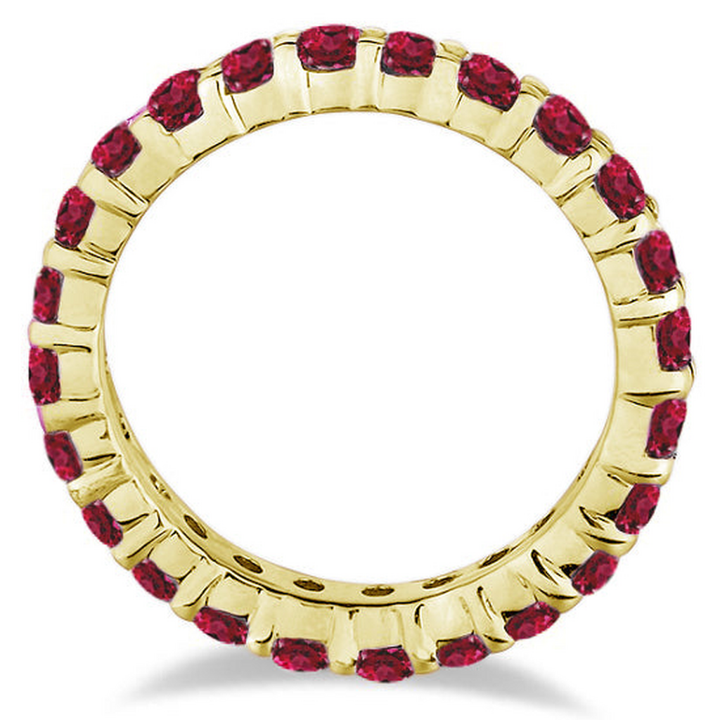 Lab red garnet eternity ring in 14k yellow gold, true side profile