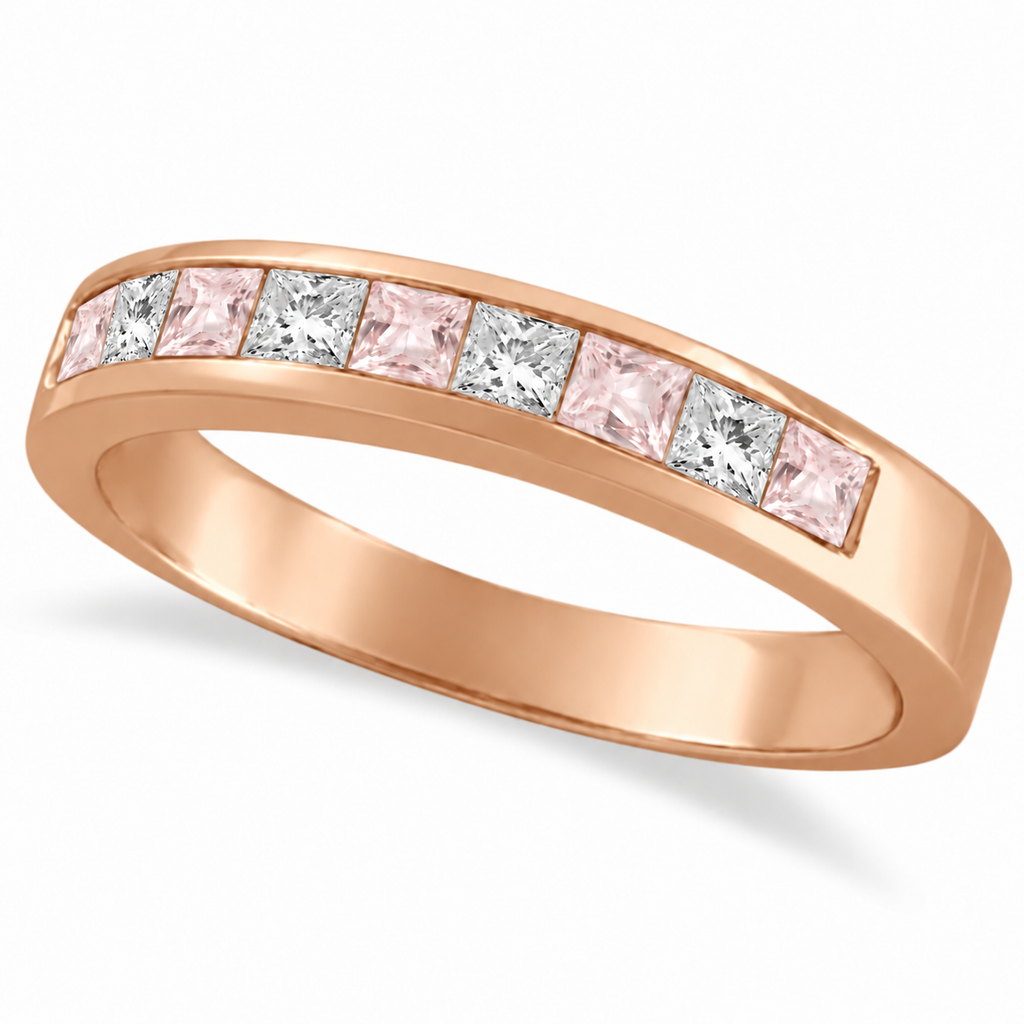 IR168LG 14K rose gold 4mm channel band with five princess-cut lab pink sapphires alternating four lab-grown diamonds, 0.73ct — product main on white