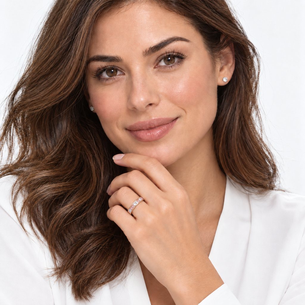 IR168LG 14K rose gold 4mm channel band with five princess-cut lab pink sapphires alternating four lab-grown diamonds, 0.73ct — face-visible professional studio portrait