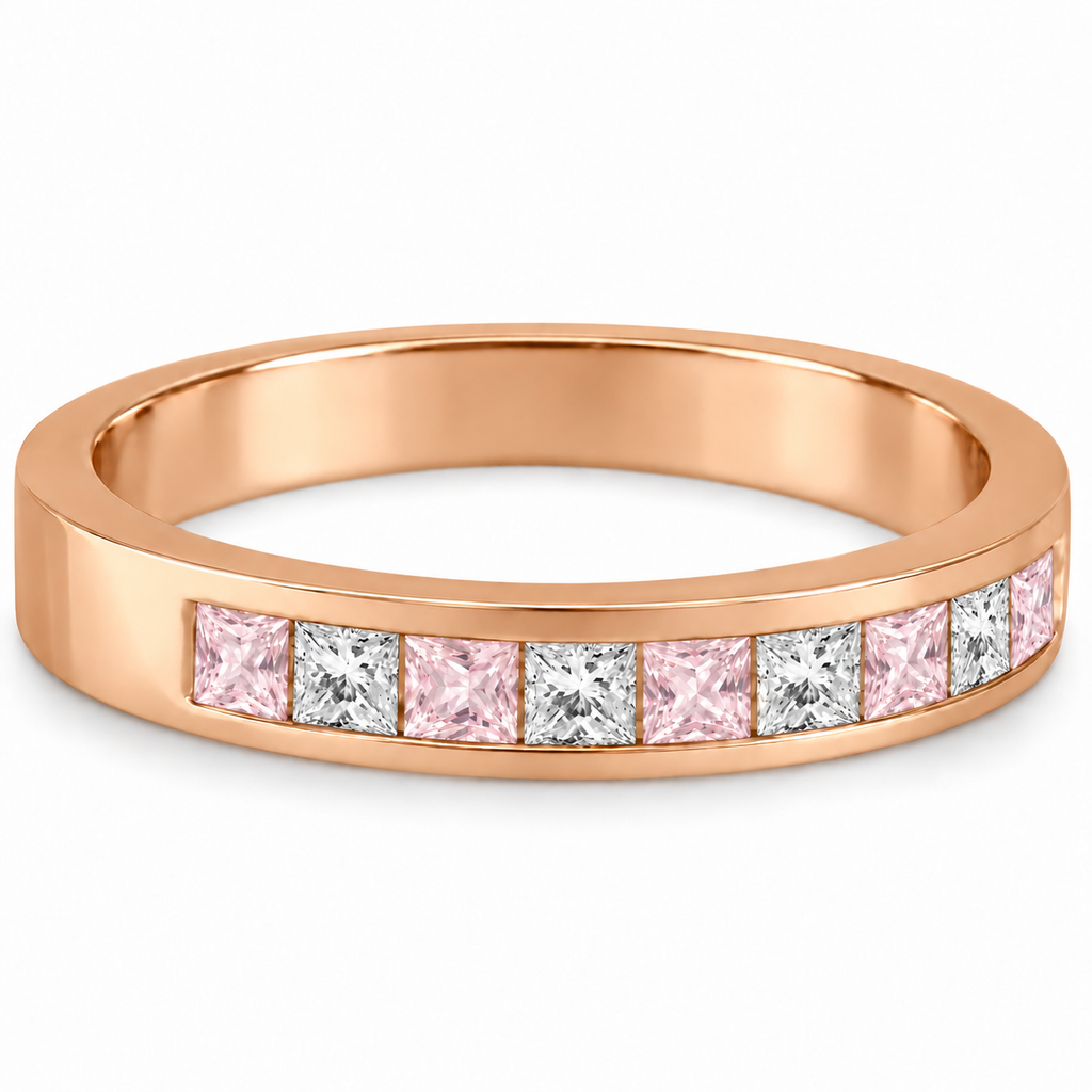 IR168LG 14K rose gold 4mm channel band with five princess-cut lab pink sapphires alternating four lab-grown diamonds, 0.73ct — original-construction alternate profile on white