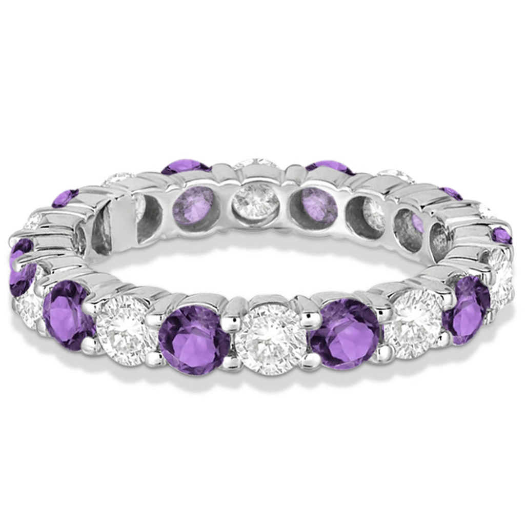Eternity diamond and amethyst anniversary ring band in 14k white gold, alternate profile