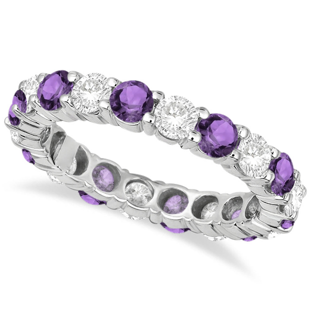 Eternity diamond and amethyst anniversary ring band in 14k white gold, main product view