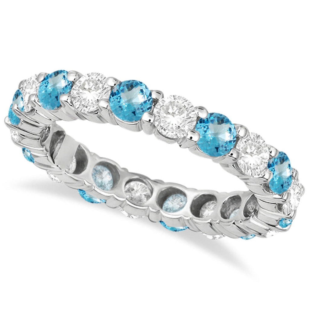 Eternity diamond and natural blue topaz anniversary band in 14k white gold, main view
