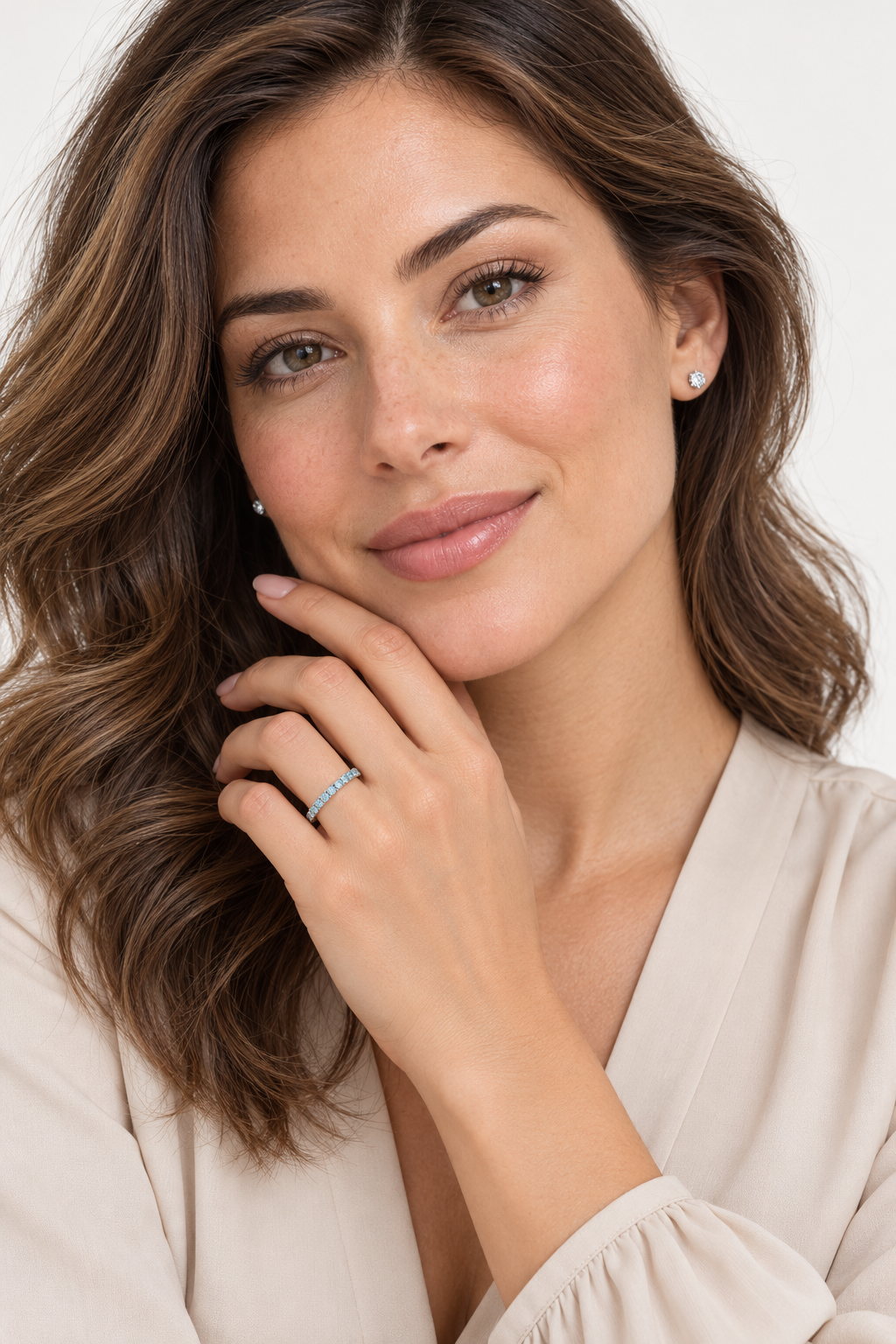 Aquamarine Eternity Stackable Ring Guard Band 14K White Gold (0.50ct) — face-visible studio portrait, ring on left ring finger
