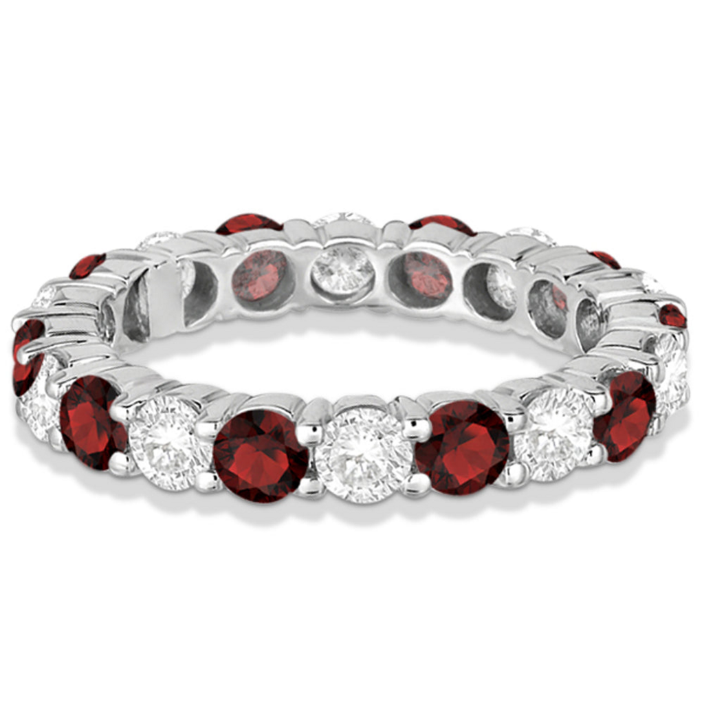 Eternity diamond and garnet anniversary ring band in 14k white gold, alternate view
