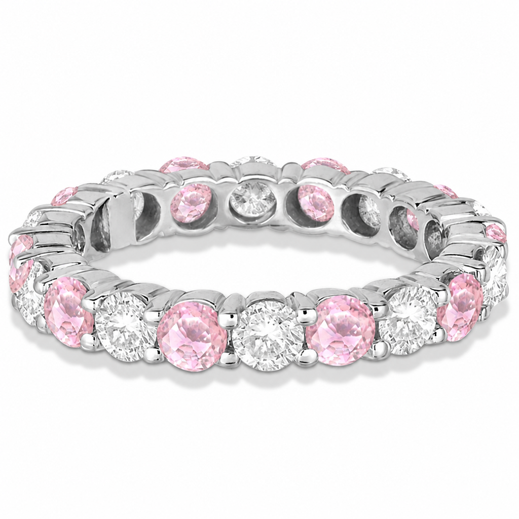 Eternity diamond and light pink sapphire ring band in 14k white gold, alternate view