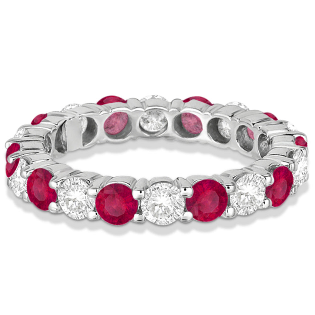 Eternity diamond and ruby anniversary ring band in 14k white gold, alternate view