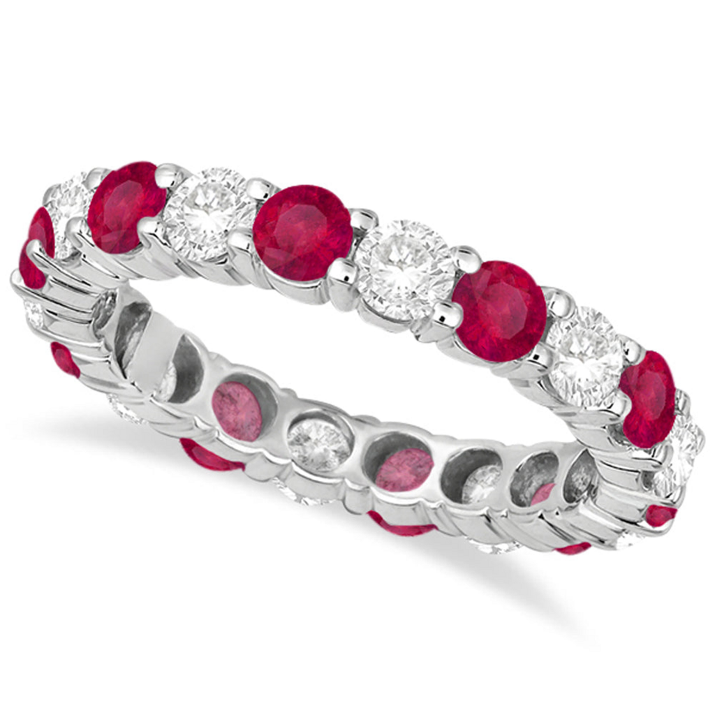Eternity diamond and ruby anniversary ring band in 14k white gold, main view