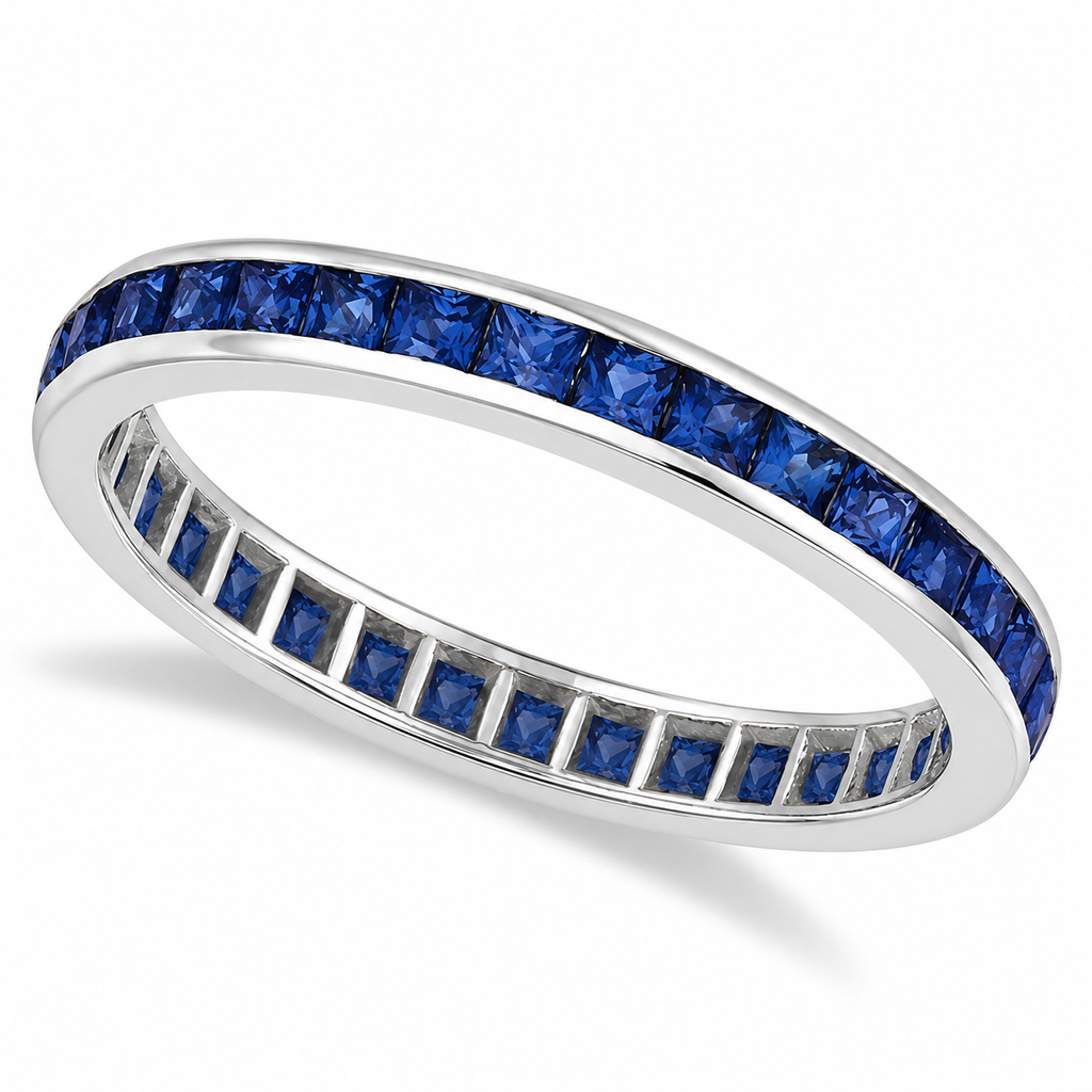 Natural blue sapphire 3 mm princess-cut eternity band in 14k white gold — main
