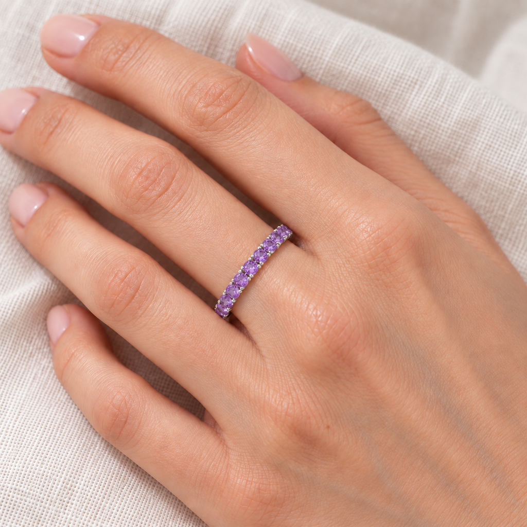 Amethyst Eternity Stackable Ring Band 14K White Gold (0.75ct) — ivory linen close-up on left hand
