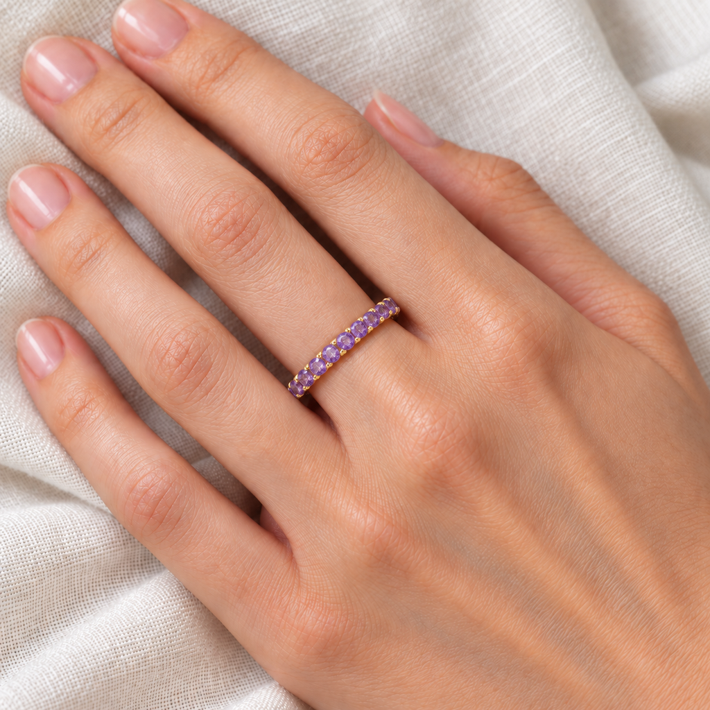 Amethyst Eternity Stackable Ring Band 14K Yellow Gold (0.75ct) — ivory linen close-up on left hand