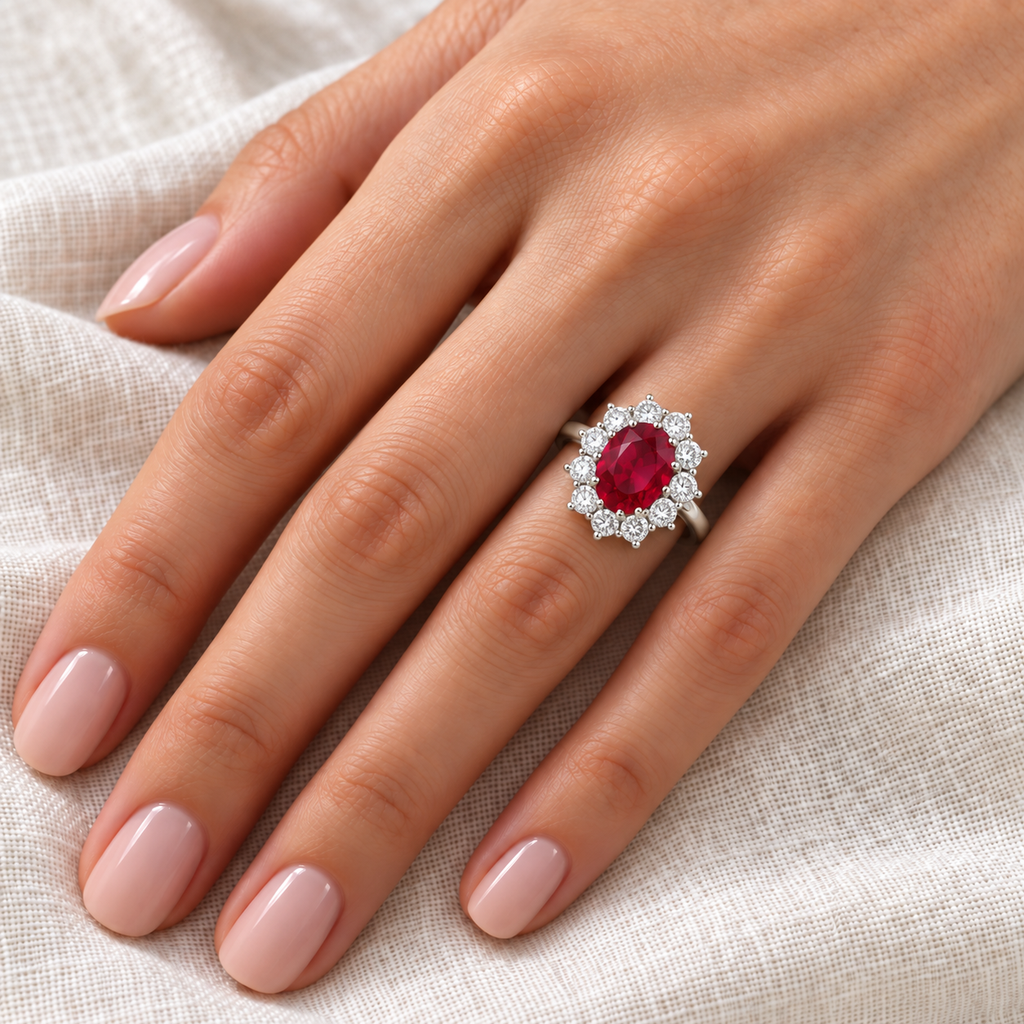 Oval ruby diamond halo ring in 18k white gold on left ring finger, ivory linen closeup