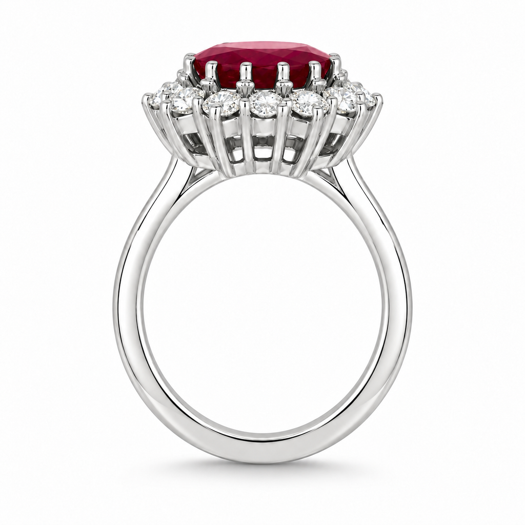 Natural rich red oval ruby and twelve-diamond halo ring in 18k white gold, true side profile with circular shank and soft gray contact shadow