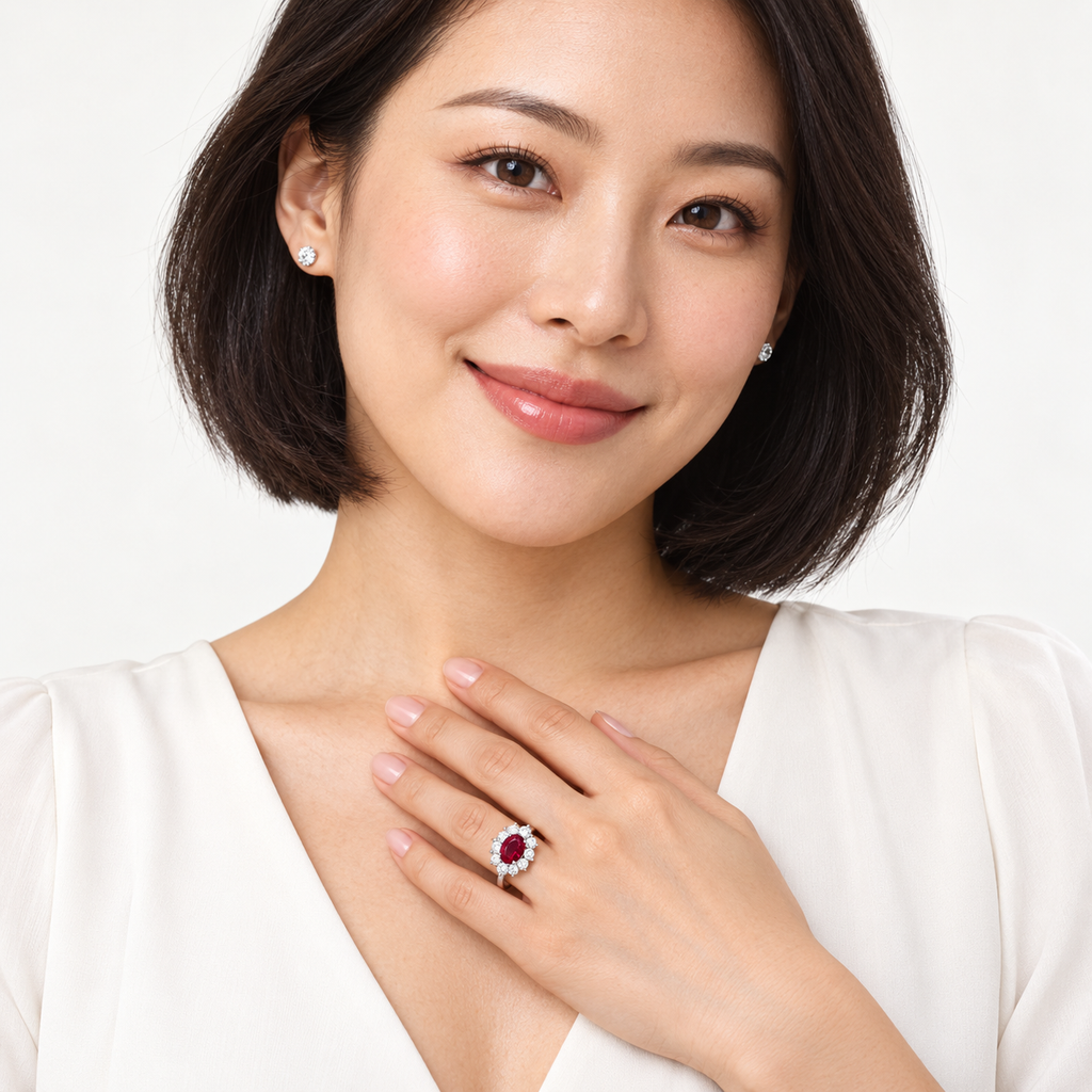 Model wearing 18k white gold ruby diamond halo ring on left ring finger, studio portrait