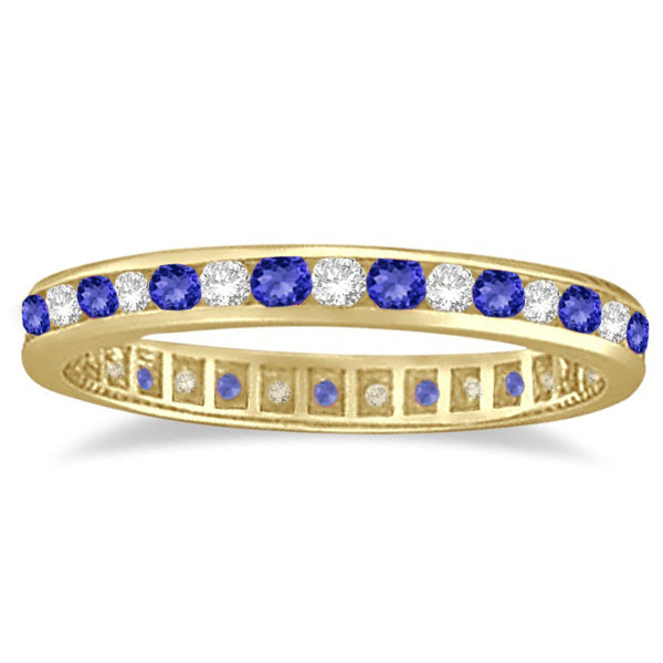 Tanzanite and diamond alternating channel-set eternity band in 14k yellow gold, product side view