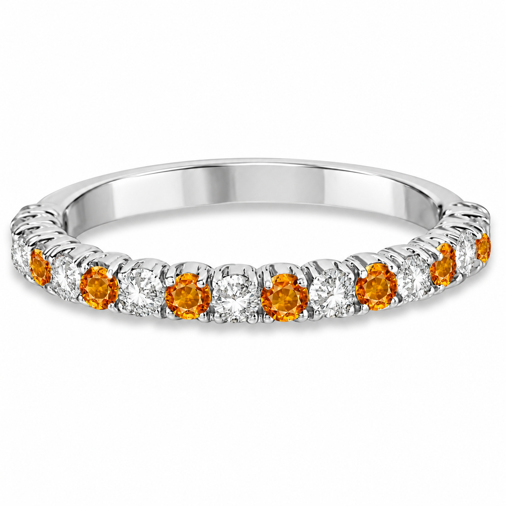 IR2238 front view: polished 14k white gold 2.5mm half-eternity ring with alternating natural citrine and white diamonds, 0.75ct