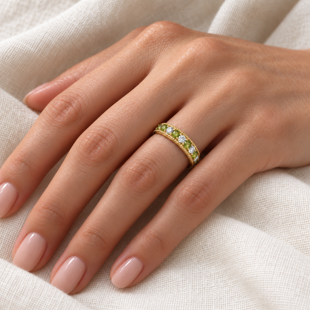IR2303 peridot and diamond 4mm filigree band in 14K yellow gold on left hand over ivory linen