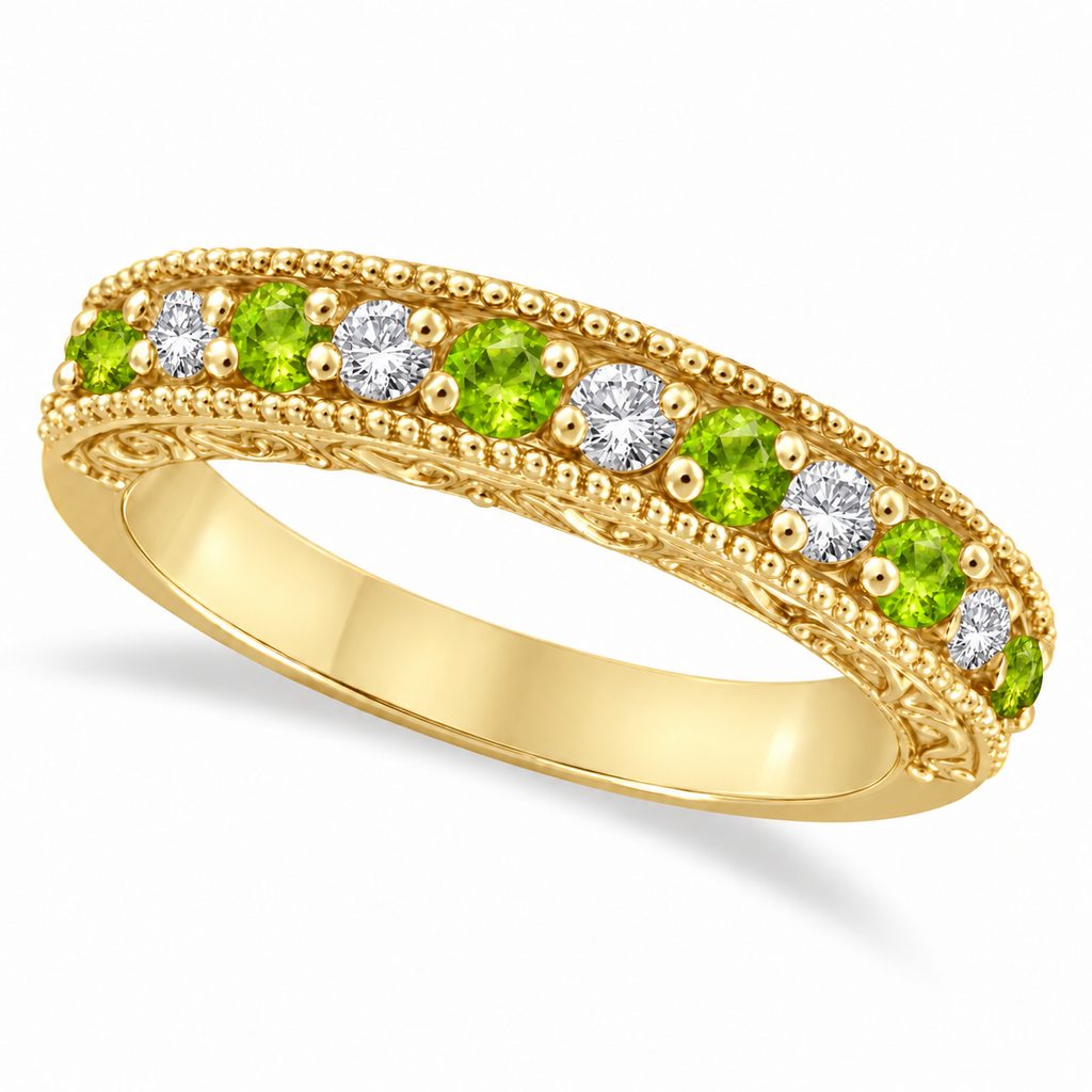 IR2303 peridot and diamond 4mm filigree band in 14K yellow gold, main view