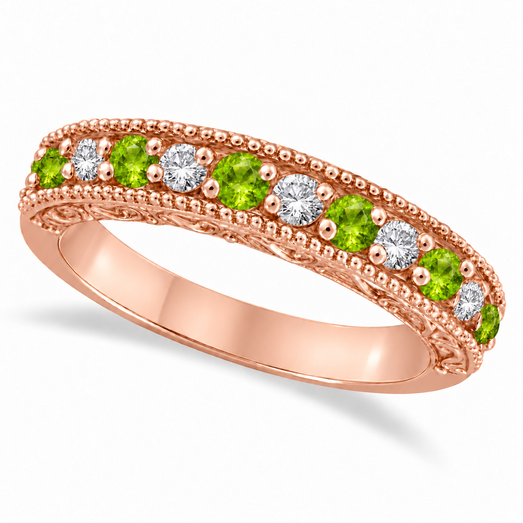 IR2304 peridot and diamond 4mm filigree band in 14K rose gold, main view
