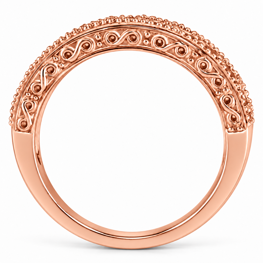 IR2304 peridot and diamond 4mm filigree band in 14K rose gold, true side view