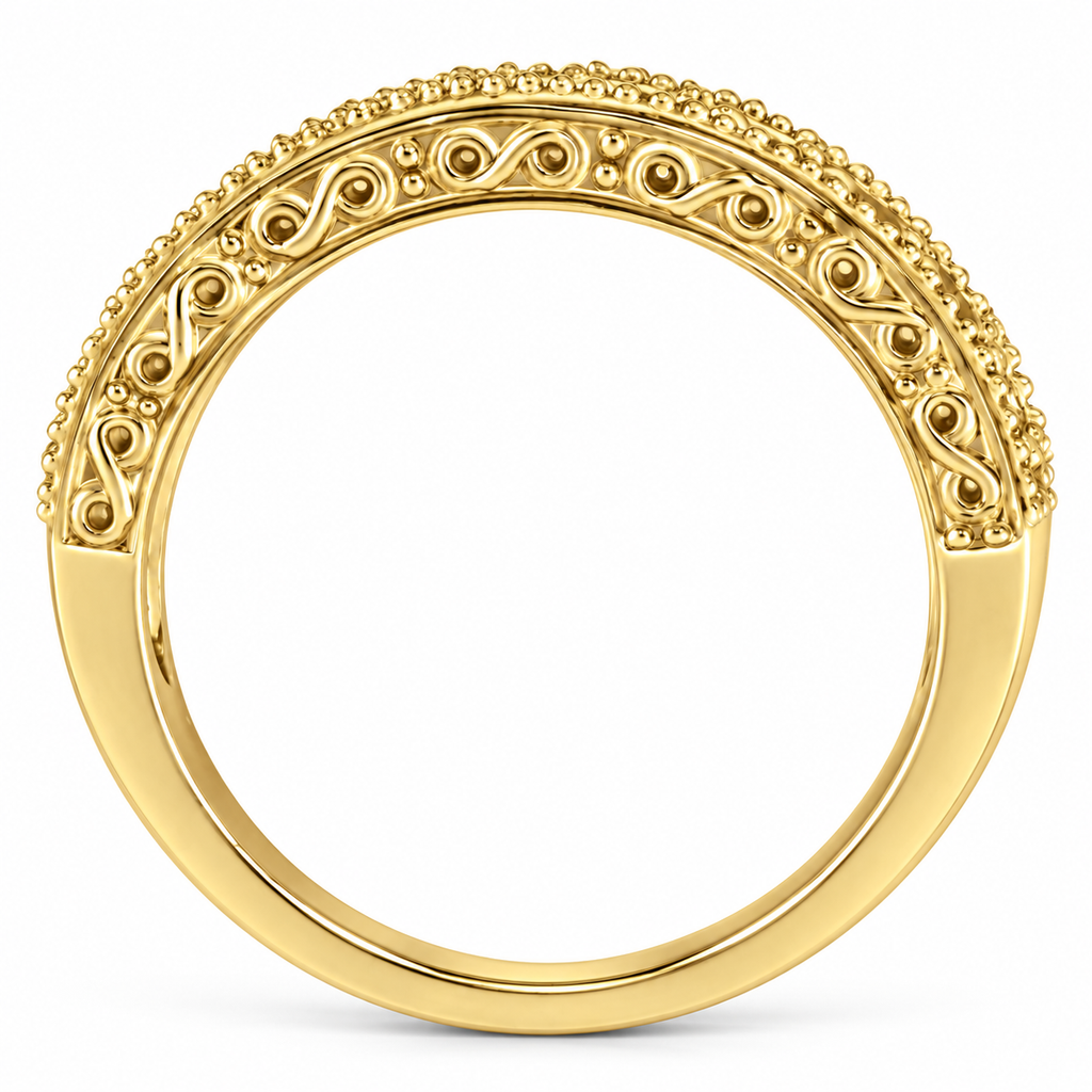 IR2310 ruby and diamond 4mm filigree band in 14K yellow gold, true side view