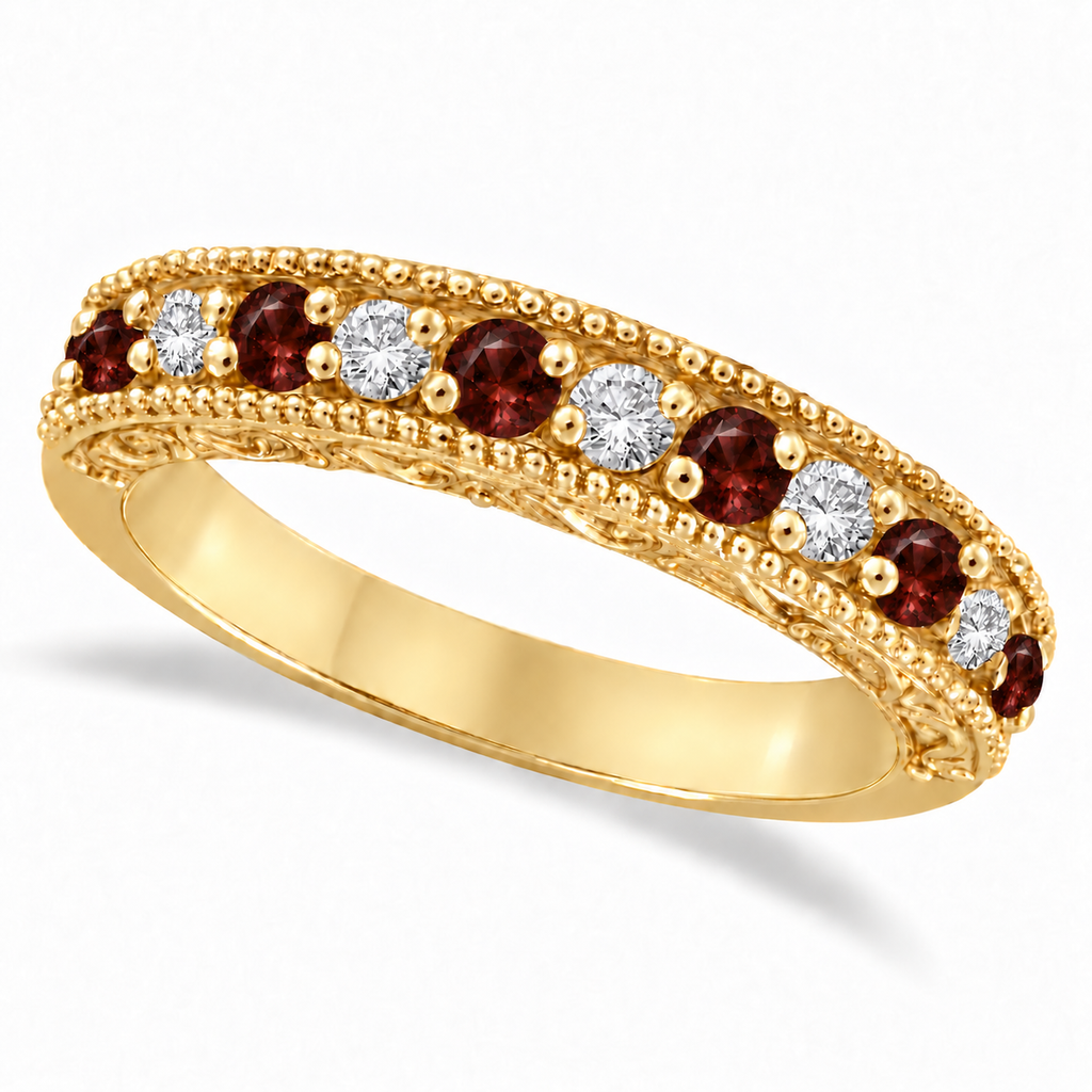 IR2312 garnet and diamond anniversary band in 14K yellow gold, main view