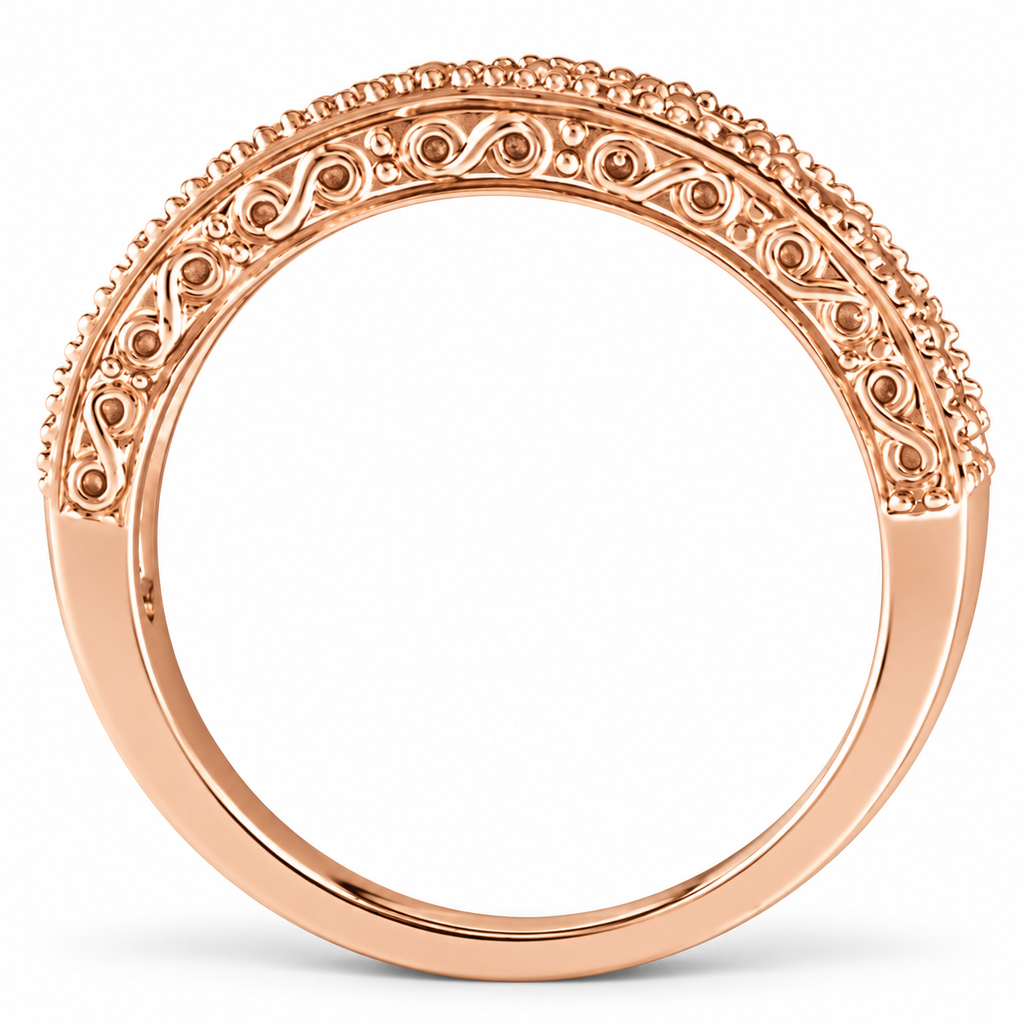 Emerald and diamond 3mm rose gold band, engraved true side with soft contact shadow