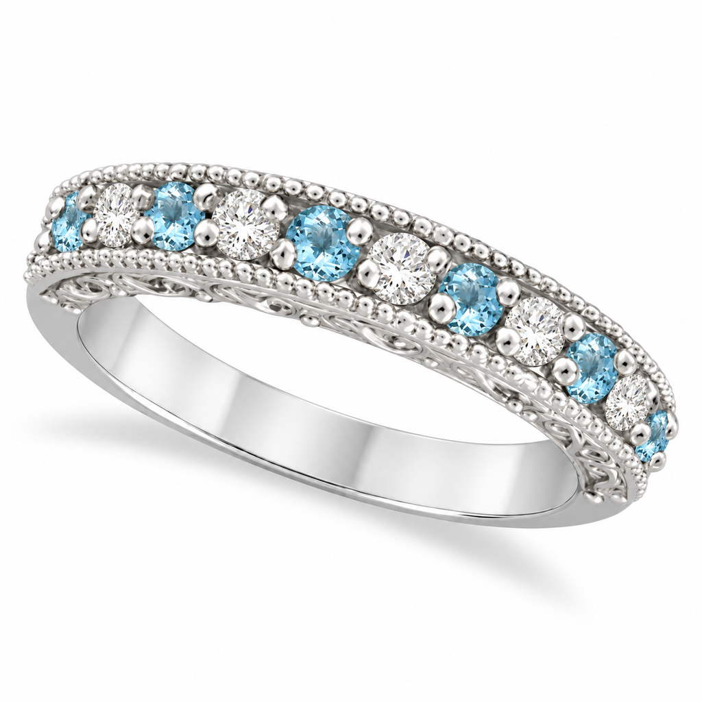 Aquamarine and diamond 3mm white gold milgrain band, main view with soft contact shadow