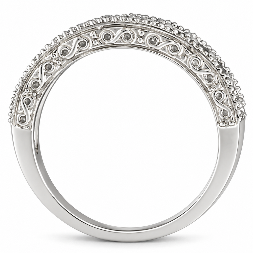 Aquamarine and diamond 3mm white gold band, engraved true side with soft contact shadow