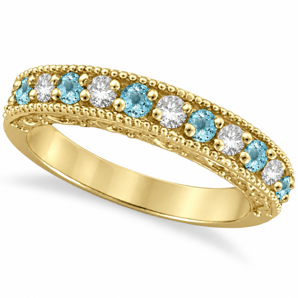Aquamarine and diamond 14k yellow gold 3 mm anniversary ring, main view with soft contact shadow
