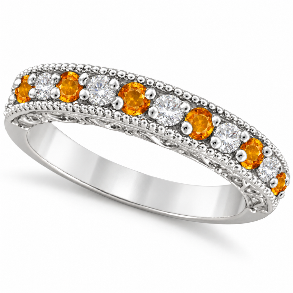 Citrine and diamond 14k white gold 3 mm anniversary ring, main product view with soft contact shadow