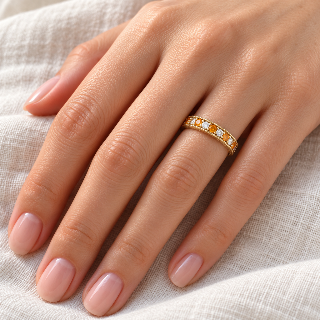 Citrine and diamond yellow gold band on left ring finger, ivory linen closeup