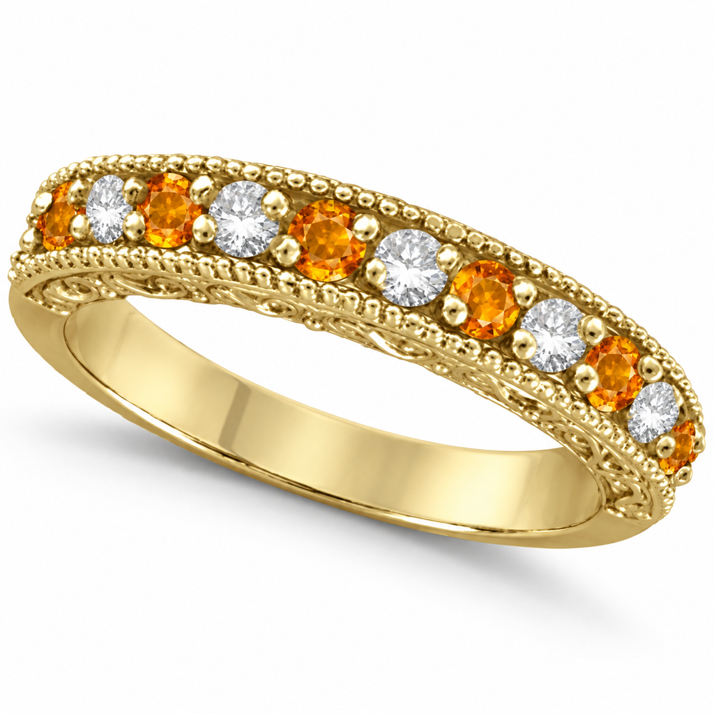 Citrine and diamond 14k yellow gold 3 mm anniversary ring, main product view with soft contact shadow