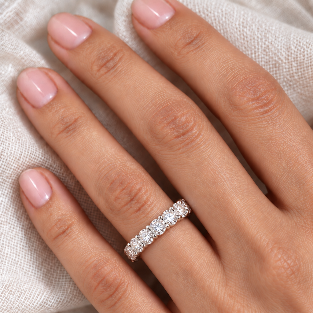 Diamond Eternity Ring Wedding Band 14k White Gold 6.00ct - close-up on left hand