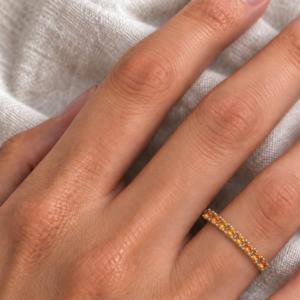IR242 natural citrine 14k white gold 2 mm band — ivory linen close-up