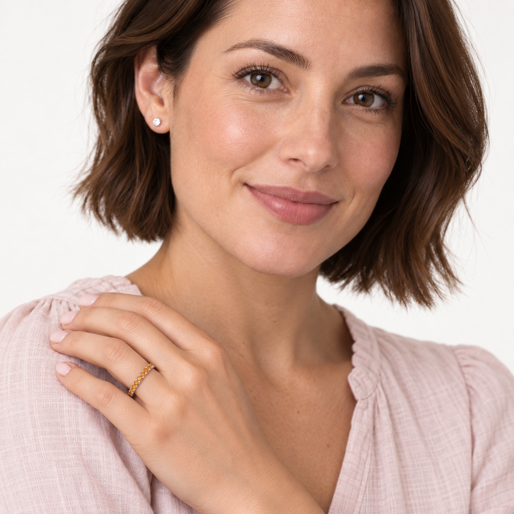 IR242 natural citrine 14k white gold 2 mm band — studio portrait